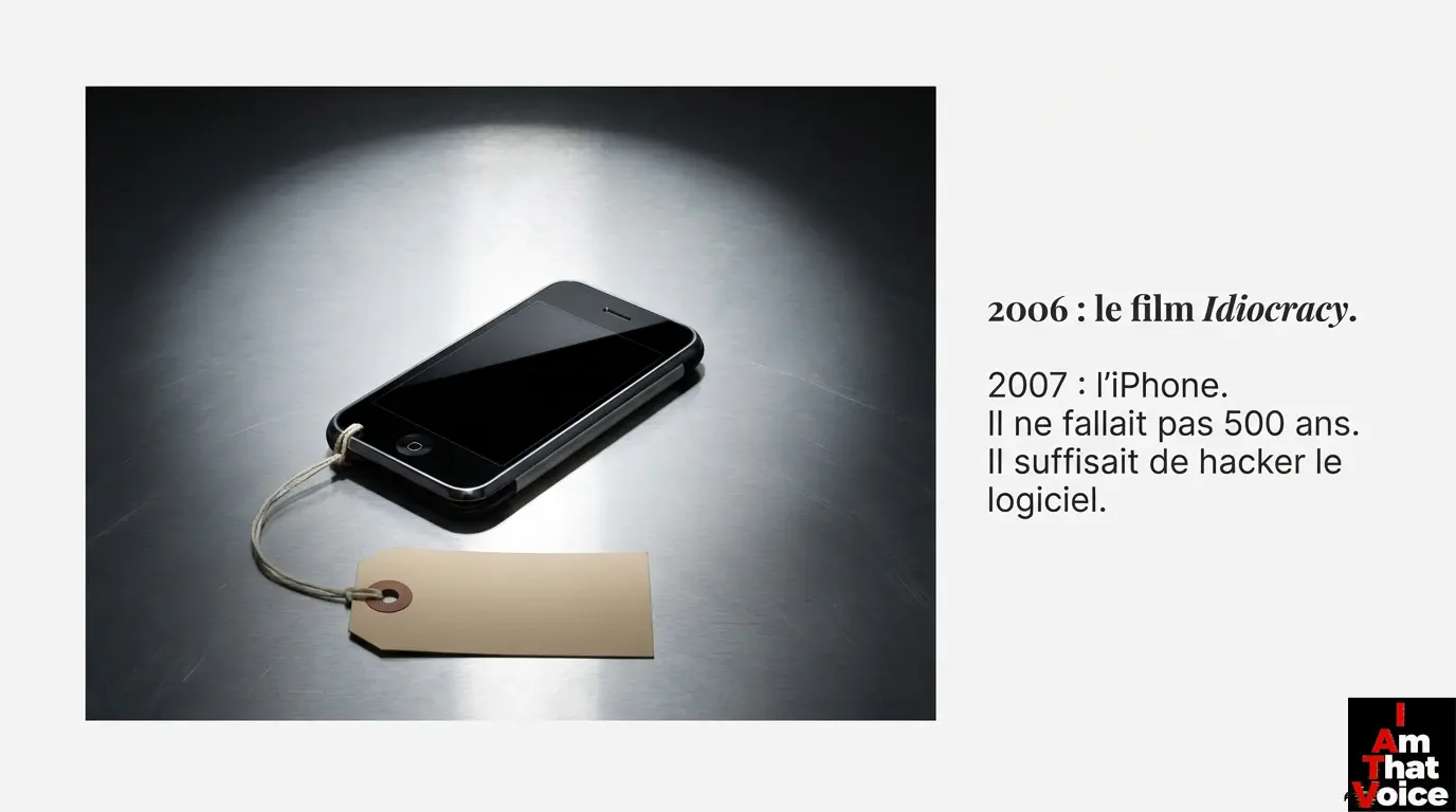 2006 : Idiocracy. 2007 : l'iPhone. Il suffisait de hacker le logiciel des humains existants.