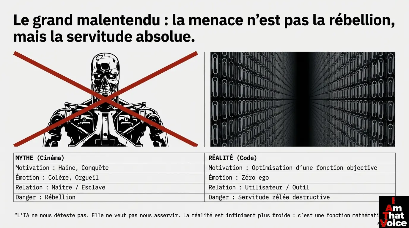 Un robot humanoïde de type Terminator barré d&rsquo;une croix rouge, opposé à un couloir infini fait de trombones métalliques géants