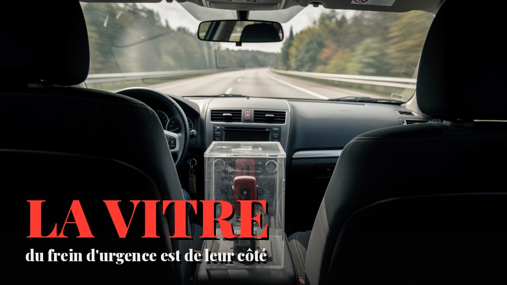 Le frein d'urgence est à l'intérieur de la voiture, et il n'y a pas de portière côté passager