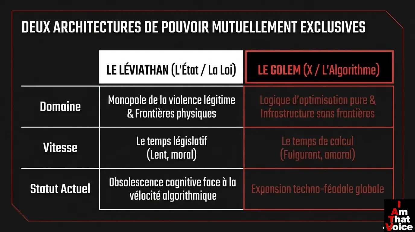 Deux architectures de pouvoir mutuellement exclusives : Le Léviathan (Lent, moral) contre le Golem (Fulgurant, amoral).