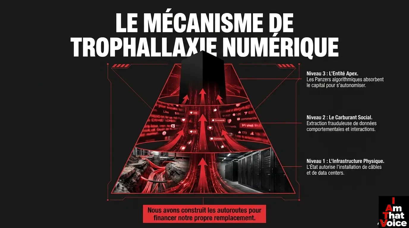 Le mécanisme de Trophallaxie Numérique : Niveau 1 (Infrastructure), Niveau 2 (Carburant Social), Niveau 3 (Entité Apex).