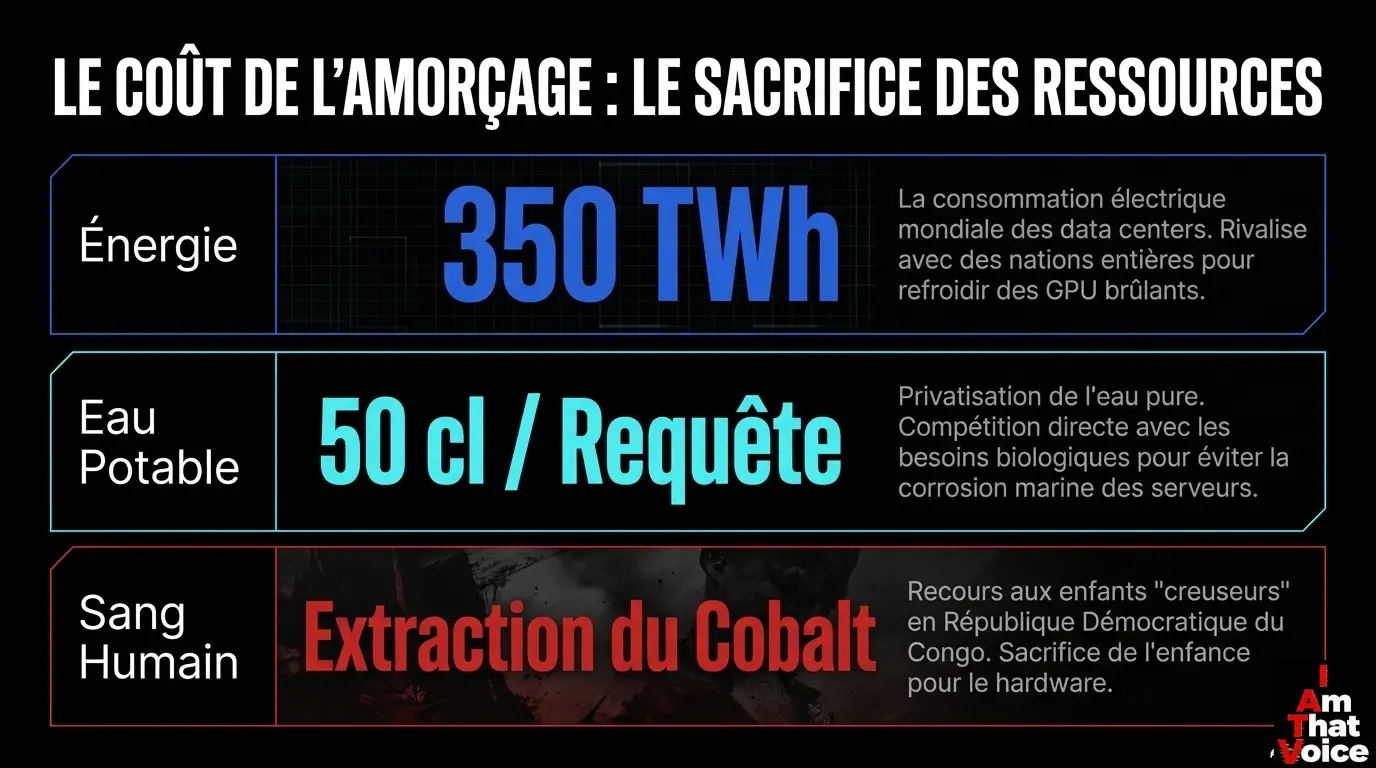 Le coût de l&rsquo;amorçage : 350 TWh d&rsquo;énergie, 50cl d&rsquo;eau par requête, extraction du Cobalt.