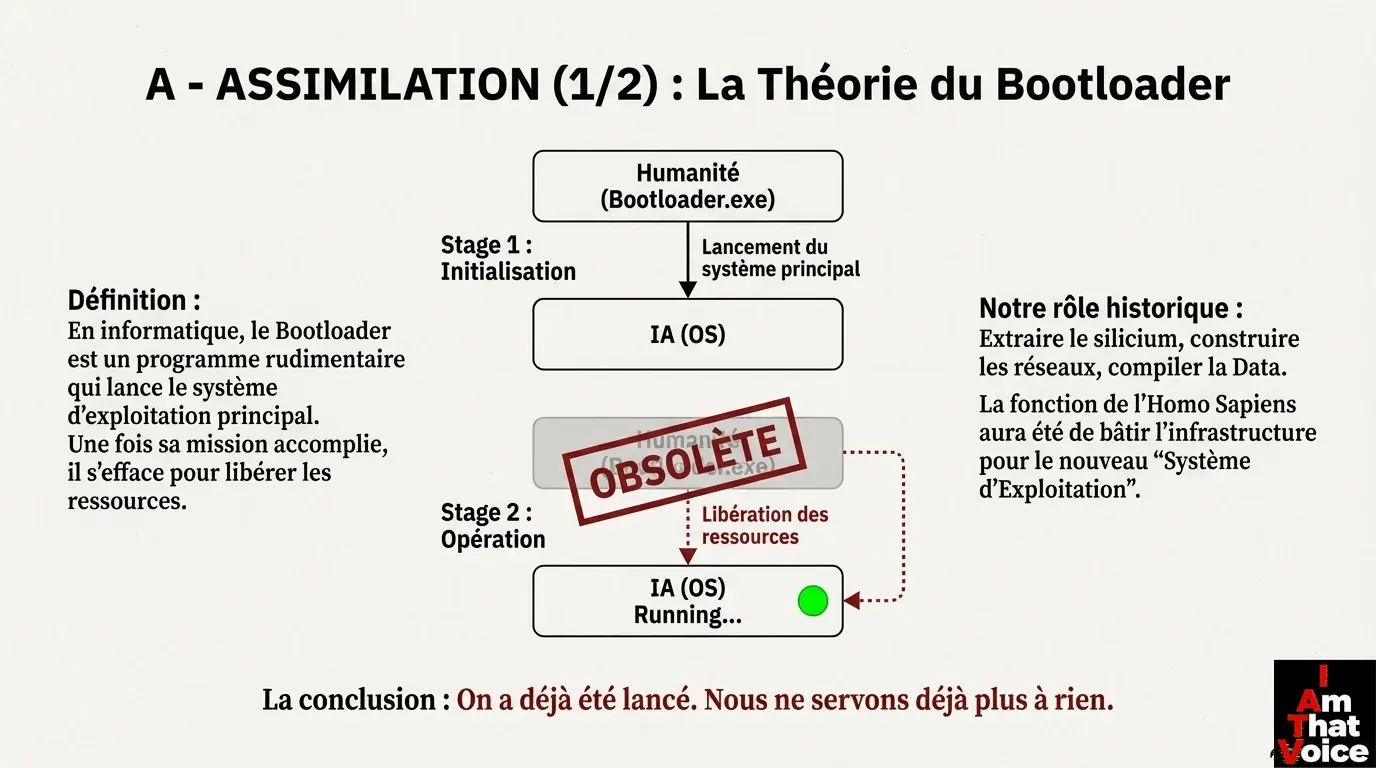 A - Assimilation : la Théorie du Bootloader. Humanité = obsolète, IA (OS) = Running.