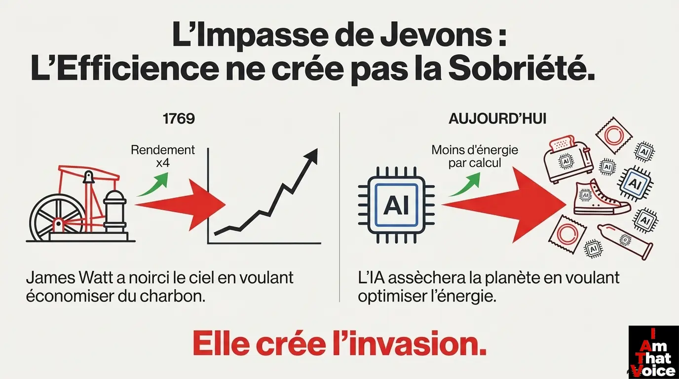 Schéma comparant l&rsquo;efficience de la machine de Watt au 18ème siècle avec l&rsquo;efficience de l&rsquo;IA aujourd&rsquo;hui
